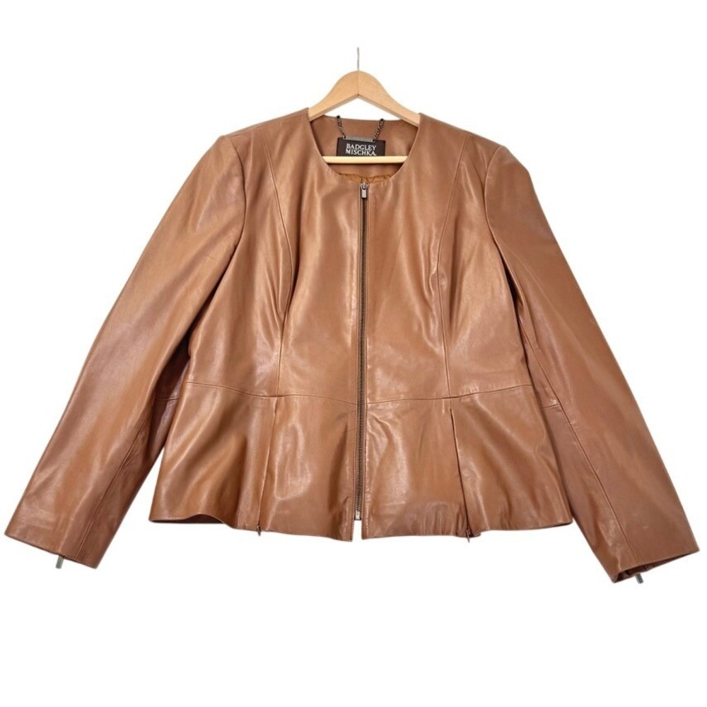 Badgley Mischka‎ Brown Genuine Leather Peplum Zip Up Jacket Womens XL